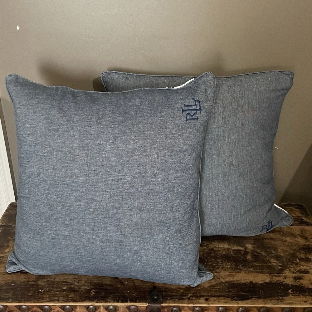 Ralph Lauren Chambray Blue Logo Embroidered Throw Pillow Set Down Filled 21